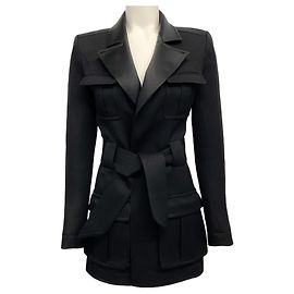 Giacca nera in lana con cintura Balmain Nero