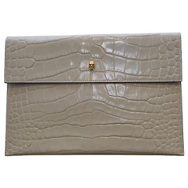 Alexander McQueen Grey Patent Leather Flap Envelope Clutch Small Gold Skull Grey