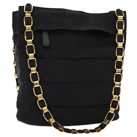 Bolsa de Ombro com Corrente Salvatore Ferragamo em Lona Preta e Dourada Auth gh718 Preto Dourado