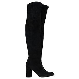 Saint Laurent Block Heel Knee-High Boots in Black Suede Black