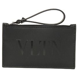 Valentino Garavani Valentino VLTN Logo Smooth Calf Leather Coin Case Card Holder Black