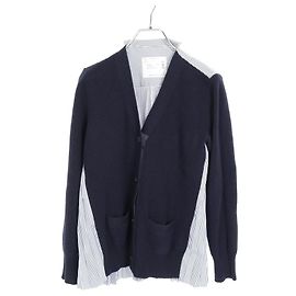 Camicia a pieghe a righe Sacai in lana e cotone Bianco Blu Blu navy