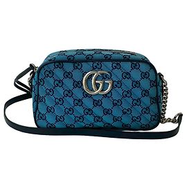 Bolsa de ombro em lona e couro Gucci GG Marmont com corrente Azul Azul marinho