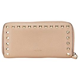 Valentino Rockstuds Leather Long Wallet Beige