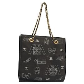 CHANEL Borsa Tote a Catena Tela Nera Oro CC Auth 142312 Nero D'oro