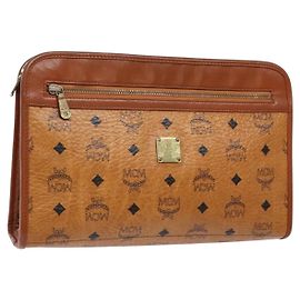 MCM Logogram Vicetos Clutch Bag em PVC Couro Marrom Dourado Auth BA5257 Marrom Dourado