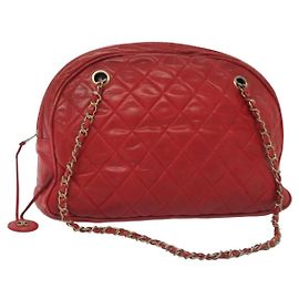 CHANEL Bolsa de Hombro Matelassé de Piel de Cordero Roja Dorada CC Auth bs29076 Roja Dorado