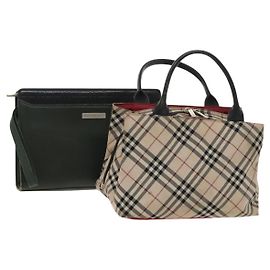 BURBERRY Nova Check Bag Nylon Leather 2 Set Beige Green Auth 139805 Beige Verde