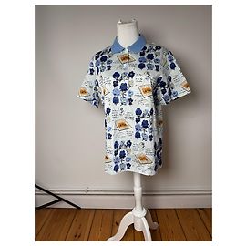 Polo de algodão vintage Dior Floral Azul Branco L Azul