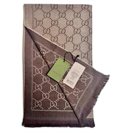 Gucci-Echarpe Gucci reversível em jacquard de lã orgânica com franjas marrons-Castanho claro