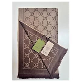 Gucci-Echarpe Gucci reversível em jacquard de lã orgânica com franjas marrons-Castanho claro
