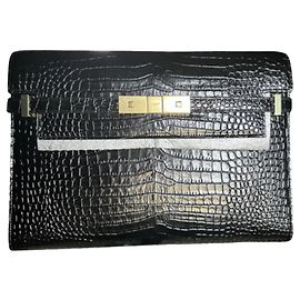 Yves Saint Laurent Saint Laurent YSL Manhattan Model Black Leather Crocodile Print Black