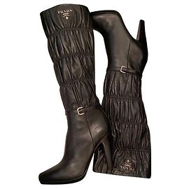 Prada high heel knee boots black leather Black