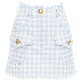 Saia de algodão tweed xadrez azul claro e branco com bolsos cargo Balmain Azul