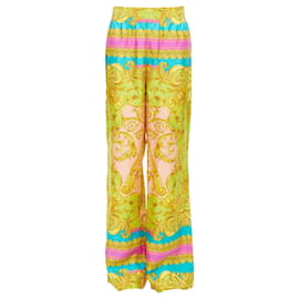 Versace-Calça larga em twill com estampa gráfica Barocco Goddess da Versace-Multicor