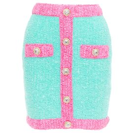 Saia de bouclê com botões G em turquesa e rosa da Balmain Azul