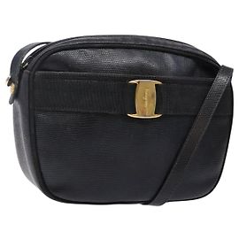 Salvatore Ferragamo Vala Shoulder Bag Leather Embossed Black Gold Auth BA5268 Black Golden
