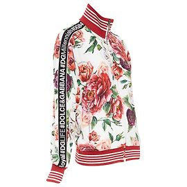 Gestreifte Seiden-Bomberjacke mit rotem Rosenblütenmuster von Dolce & Gabbana Rot