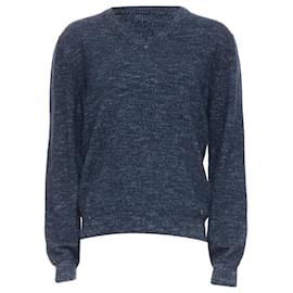 Gucci-Gucci navy wool silk cashmere melange V neck GG logo charm sweater-Blue