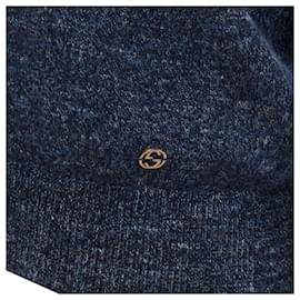 Gucci-Gucci navy wool silk cashmere melange V neck GG logo charm sweater-Blue