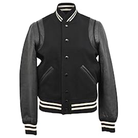 Saint Laurent-Saint Laurent Striped Bomber Jacket in Black Wool and Leather-Black
