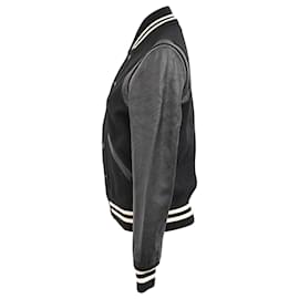 Saint Laurent-Saint Laurent Striped Bomber Jacket in Black Wool and Leather-Black