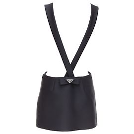 Prada black virgin wool blend logo bow back suspender mini skirt Black