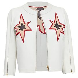 Cropped-Motorradjacke aus weißem Lammleder mit rotem Stern-Patchwork von Miu Miu Weiß Roh