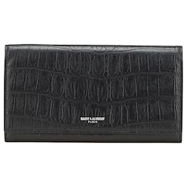 Yves Saint Laurent Saint Laurent Crocodile Embossed Leather Long Wallet Black