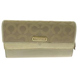 Cartera larga de lona con firma Coach Beige Dorado