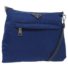 PRADA Shoulder Bag Nylon Blue Silver Auth 140970 Silvery Blue