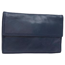 LOEWE Anagram Clutch Tasche Leder Marine Gold Auth ac3856 Golden Marineblau