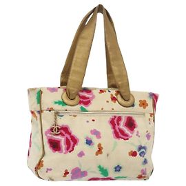 CHANEL Bolsa Tote Lona Blanca Dorada CC Auth bs29343 Blanco Dorado