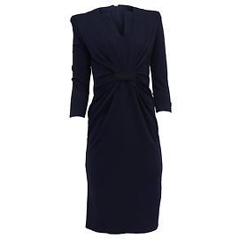 Giorgio Armani Midi-Kleid mit V-Ausschnitt und gerafftem Front aus marineblauer Viskose Blau Marineblau
