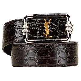 Yves Saint Laurent Saint Laurent YSL Crocodile Embossed Leather Belt Black