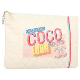 Chanel Coco Cuba Pouch Printed Quilted Canvas Medium White