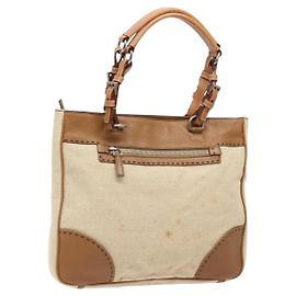 PRADA Tote Bag Canvas Leather Beige Silver Auth 141034 Silvery Beige