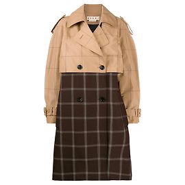 Marni Checkered Two-Tone Trench Coat, Size 38 Brown