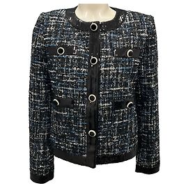 Rebecca Vallance Black / Blue Sequin Trimmed Button Front Tweed Jacket Black