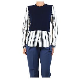 Veronica Beard Pull en cachemire bleu marine avec manches en soie rayées - taille M Bleu Marine