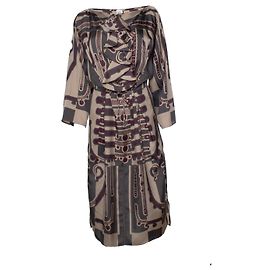 Hermès Vestido midi de seda com babados e estampa de cinto Hermes Outro Cinza Roxo