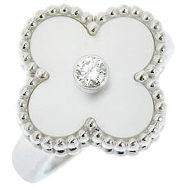 Van Cleef & Arpels Vintage Alhambra Ring 18K White Gold with Mother of Pearl and Diamond Silvery