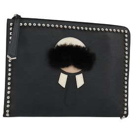 FENDI Karl Lagerfeld Clutch Bag Leather Black Silver Auth BA5613 Black Silvery