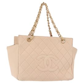 CHANEL Matelassé Bolsa de Mão Corrente COCO Marca Couro de Cordeiro Bege CC Auth 142686 Bege