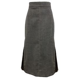 Fendi Brown FF Logo Silk Trimmed Houndstooth Wool Tweed Midi Skirt Brown