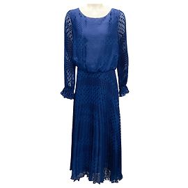 Emporio Armani Blue Pleated Long Sleeved Textured Polka Dot Devore Dress Blue