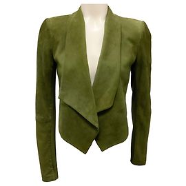 Veste en cuir de chèvre suédé verte Harvey cropped ouverte Alice + Olivia Vert