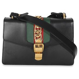 Gucci Black Calfskin Web Small Sylvie Shoulder Bag Black