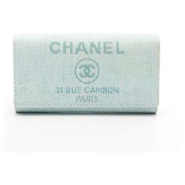 Chanel Deauville Leather Fabric Long Wallet Blue