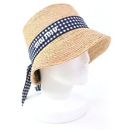 Miu Miu MIUMIU 5HC307 Gingham check Raffia Hat Beige Other